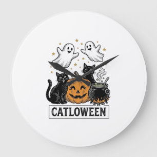 Relógio Grande Catloween Vintage Gato Fantasma Camisa de Hallowee