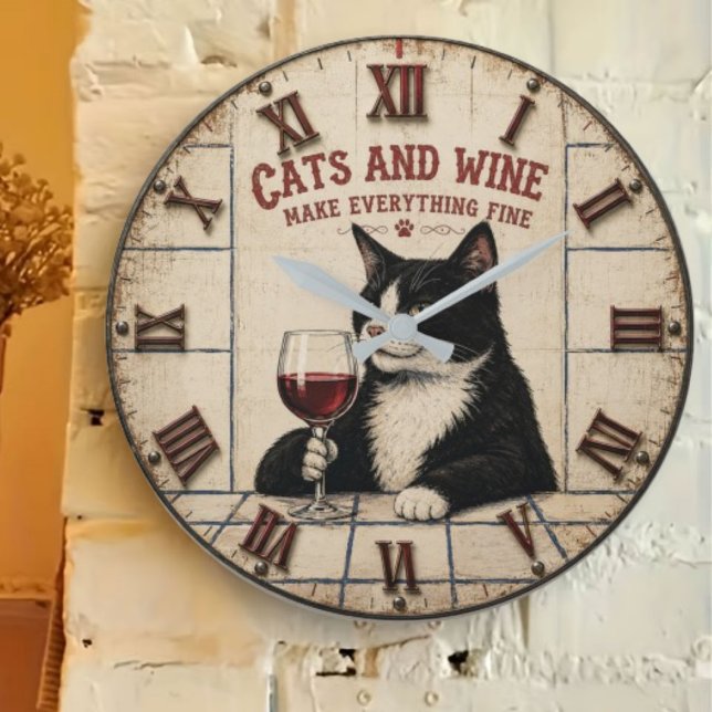 Relógio Grande Cats and Wine Make Everything Fine (Criador carregado)