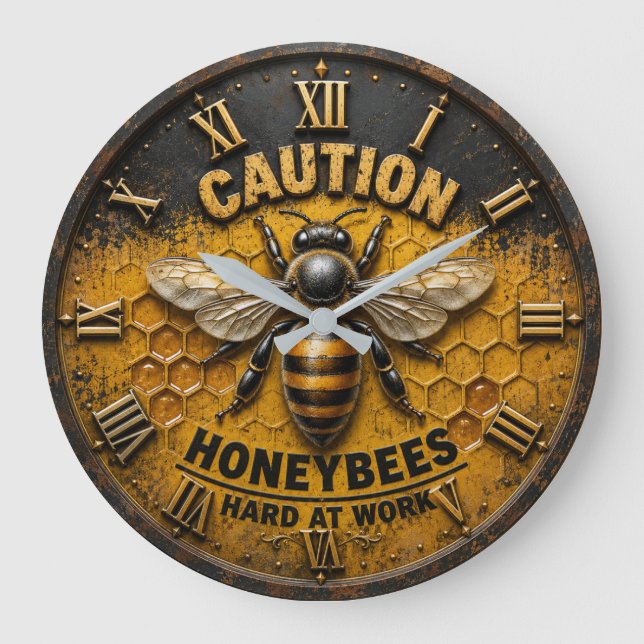 Relógio Grande Caution Honeybees Hard at Work  Rustic Beekeeper  (Frente)