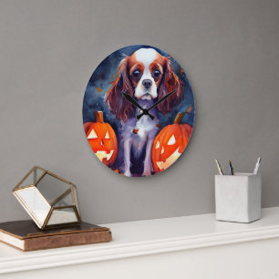 Relógio Grande Cavalier King Charles Spaniel de Halloween Abóbora