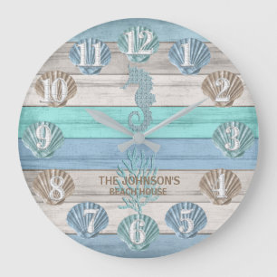 Relógio Grande Cavalo de mar e madeira de praia náutica - Teal az