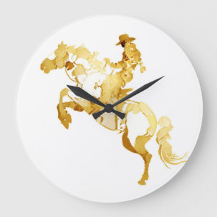 Relógio Grande Cavalo e Cavaleiro Abstratos Dourados