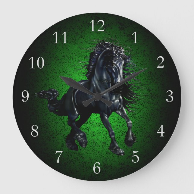 Relógio Grande Cavalo Frísia/garanhão negro de beleza verde grani (Frente)