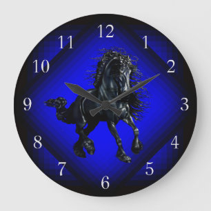 Relógio Grande Cavalo Frísia, garanhão preto, estrela azul de bel