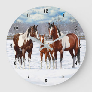 Relógio Grande Cavalos De Pintura De Baía Na Neve De Inverno