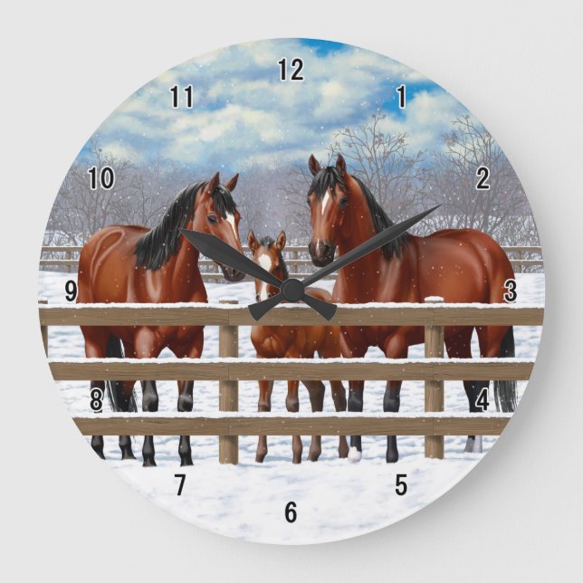 Relógio Grande Cavalos De Quarto De Baía Na Neve (Frente)