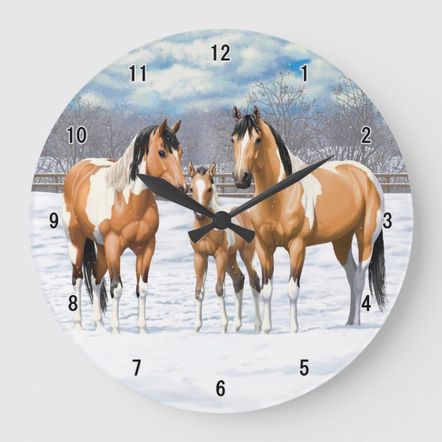 Relógio Grande Cavalos De Tinta De Pinta Na Neve (Frente)