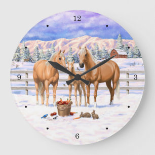 Relógio Grande Cavalos Do Quarto Palomino Na Neve De Inverno