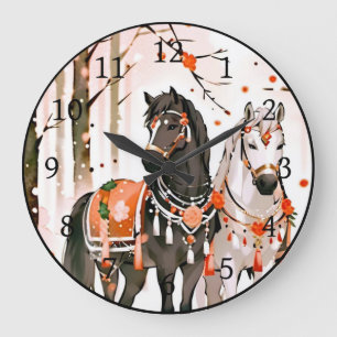 Relógio Grande Cavalos numa Floresta Vermelha
