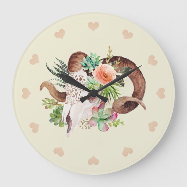 Relógio Grande Caveira e Suculmentos de Ram Aquarela (Frente)