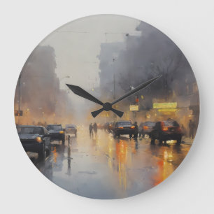 Relógio Grande Cena de Chuva da Noite Urbana
