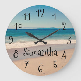 Relógio Grande Cena de Praia Aqua Personalizada com Texto Preto