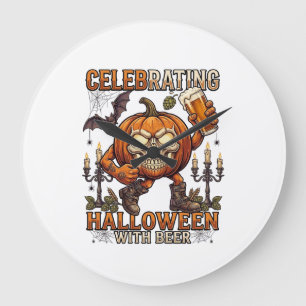 Relógio Grande Cerveja de Halloween Crânio Abóbora Morcego Vela