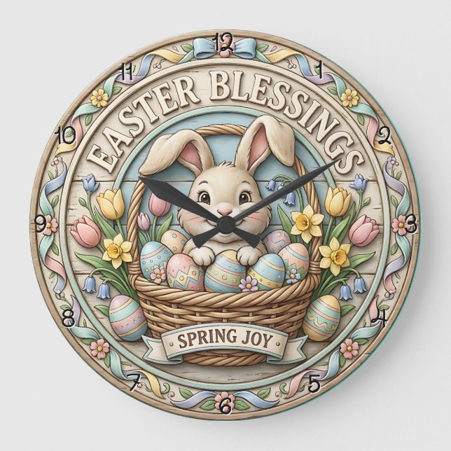 Relógio Grande Cesta de Bênçãos da Páscoa e Alegria da Primavera (Frente)