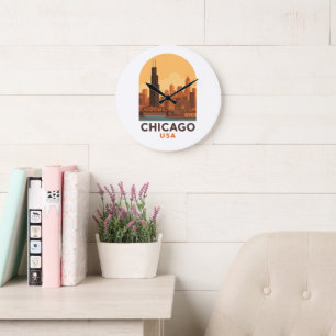 Relógio Grande Céu da Cidade de Chicago EUA Viagem  Retro Silhuet