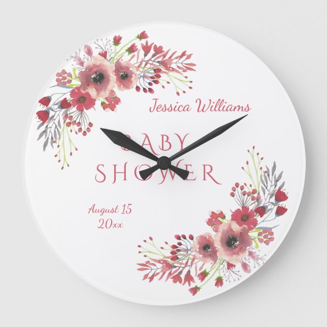 Relógio Grande Chá de fraldas floral vermelho elegante chique da (Frente)