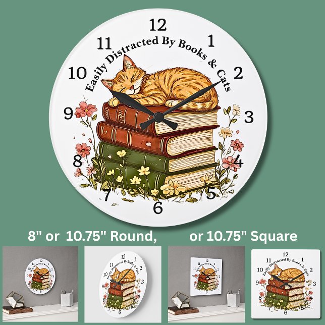 Relógio Grande Change Text -Easily Distracted Books & Cats  (Criador carregado)