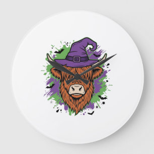 Relógio Grande Chapéu de Bruxa Cow Highland Halloween Vetor Vinta