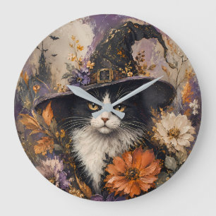 Relógio Grande Chapéu de Bruxa de Gato Preto Vintage Floral de Ou