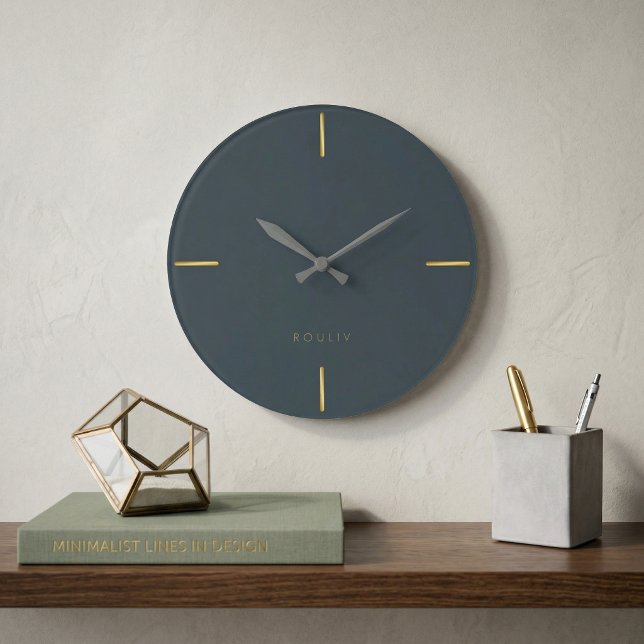 Relógio Grande Charcoal Minimalist Architectural - Modern  (Charcoal and Gold Minimalist Architectural Wall Clock - Modern Single Line Art - Quiet Luxury Home )