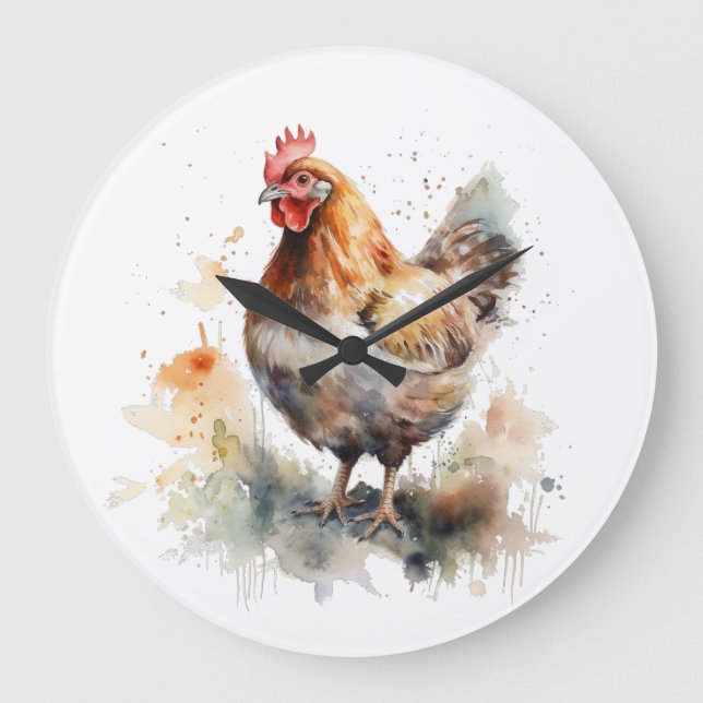 Relógio Grande Charm: Watercolor Chicken Art (Frente)