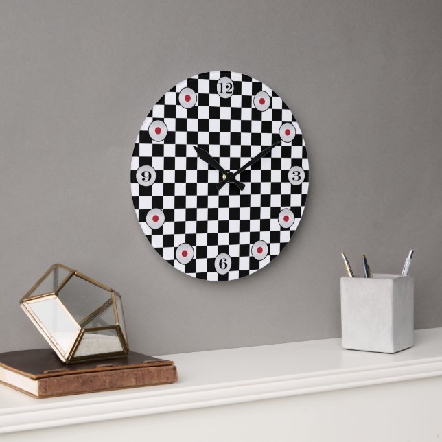 Relógio Grande Checkerboard preto e branco clássico por STaylor (Escritório)