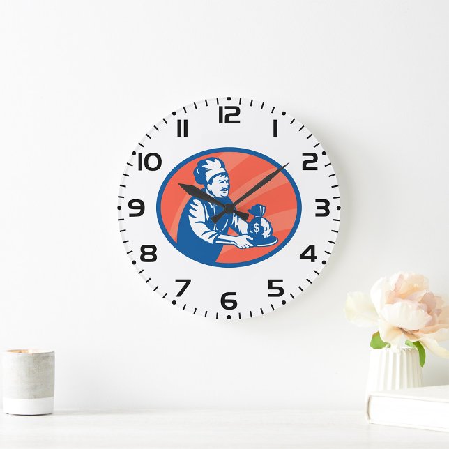 Relógio Grande Chef Detendo Dinheiro Saco Finanças Restaurantes (Criador carregado)