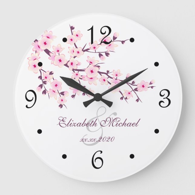 Relógio Grande Cherry Blossoms Nomes de Newlyweds White Pink (Frente)