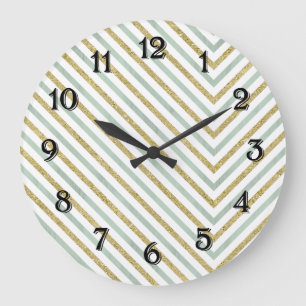 Relógio Grande Chevron Chic Dourado e Branco
