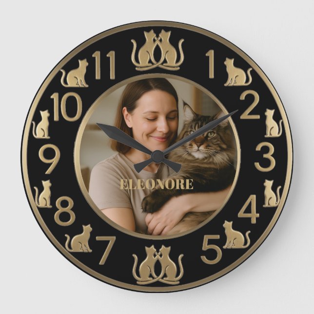 Relógio Grande Chic Black & Gold Cat Lover's Wall Clock (Frente)