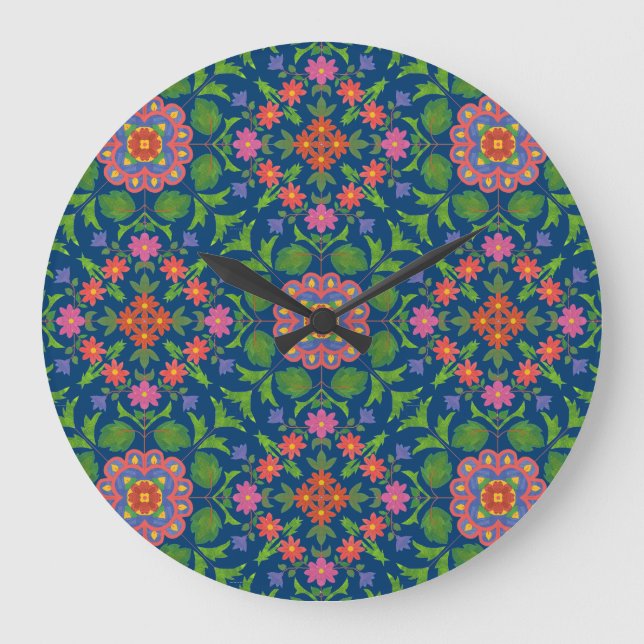 Relógio Grande Chic Floral Rangoli Deep Blue Acrywall Clock (Frente)