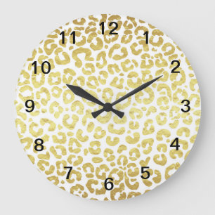 Relógio Grande Chic Modern Dourado Leopardo Branco Jaguar Cheetah