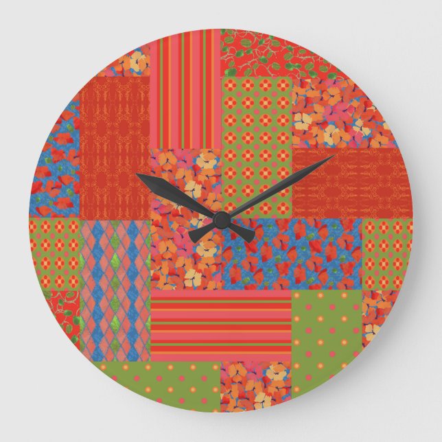 Relógio Grande Chic Poppies Faux patchwork Wall Clock (Frente)