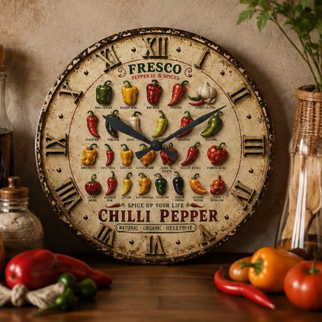 Relógio Grande Chili Pepper Kitchen Rustic Farmhouse Chef Gift (Criador carregado)