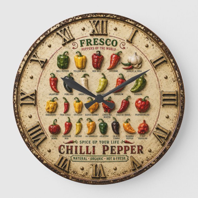 Relógio Grande Chili Pepper Kitchen Rustic Farmhouse Chef Gift (Frente)