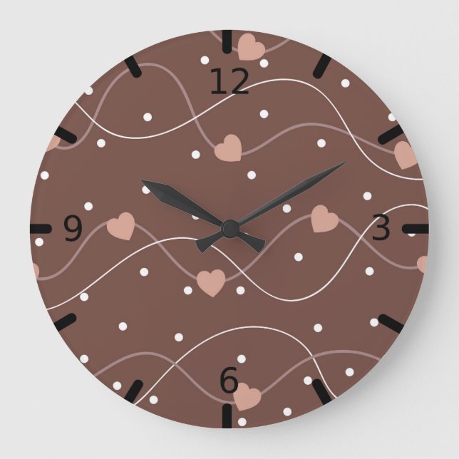 Relógio Grande Chocolate Brown with Pink Hearts Pattern (Frente)