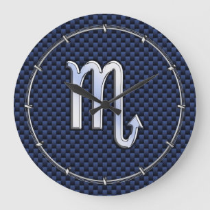 Relógio Grande Chrome Scorpio Zodiac Sinal em Fibra Azul de Carbo