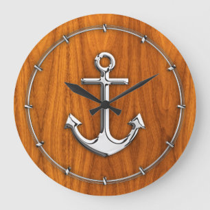 Relógio Grande Chrome Style Anchor on Teak Veneer