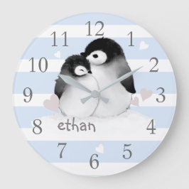 Relógio Grande Cinza Azul Stripes Penguin Nursery Wall Clock