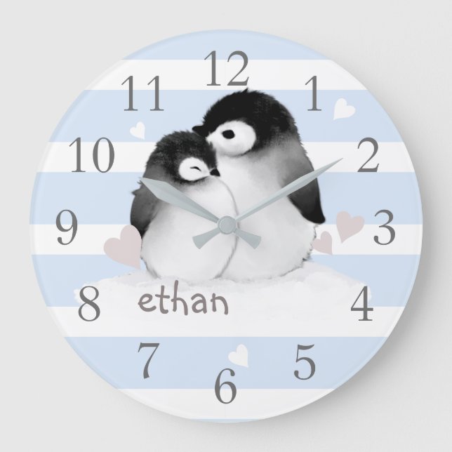 Relógio Grande Cinza Azul Stripes Penguin Nursery Wall Clock (Frente)