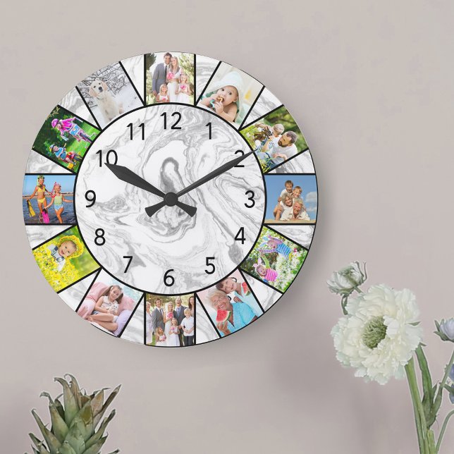 Relógio Grande Cinza de Colagem de Fotos Personalizada, 12, Marbl (Photo clock with 12 photos, one at each hour. Great design for your home or a thoughtful photo gift.)