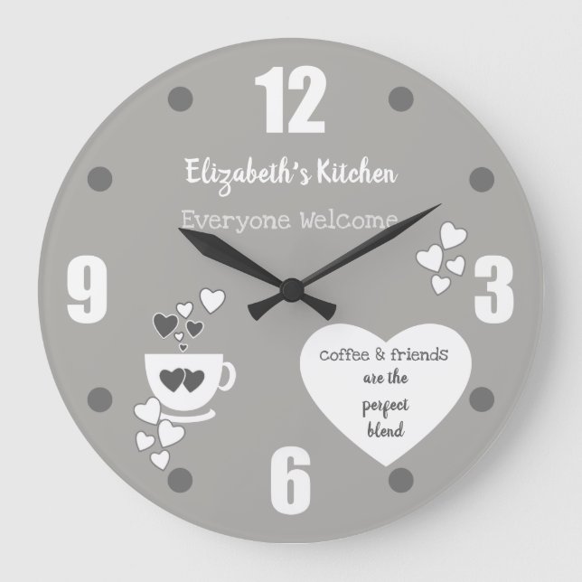 Relógio Grande Cinza e branco com nome, café e corações (Frente)
