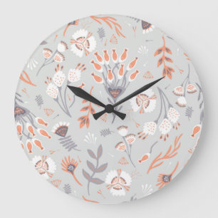 Relógio Grande Cinza Pastel Laranja Floral: Elegância Vintage
