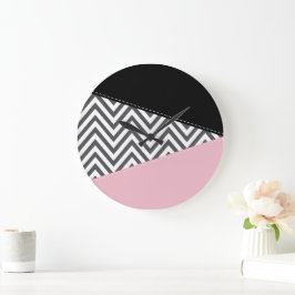 Relógio Grande Cinza Zigzag, Cinza Chevron, Zigzag Patterno, Rosa