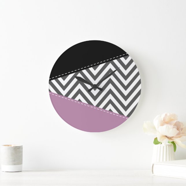 Relógio Grande Cinza Zigzag, Cinza Chevron, Zigzag Patterno, Roxo (Lar)