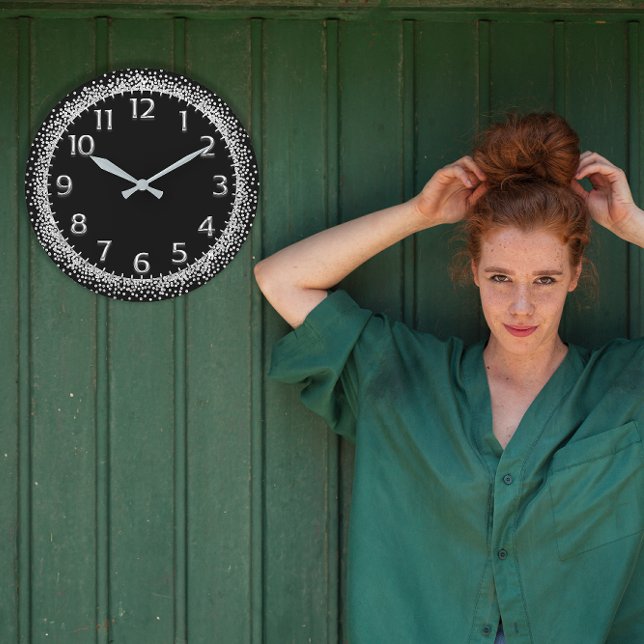 Relógio Grande Cinzas de prata cristais brilham números árabes ne (Silver Gray Crystals Glitter Arabic Numbers Black Large Clock)