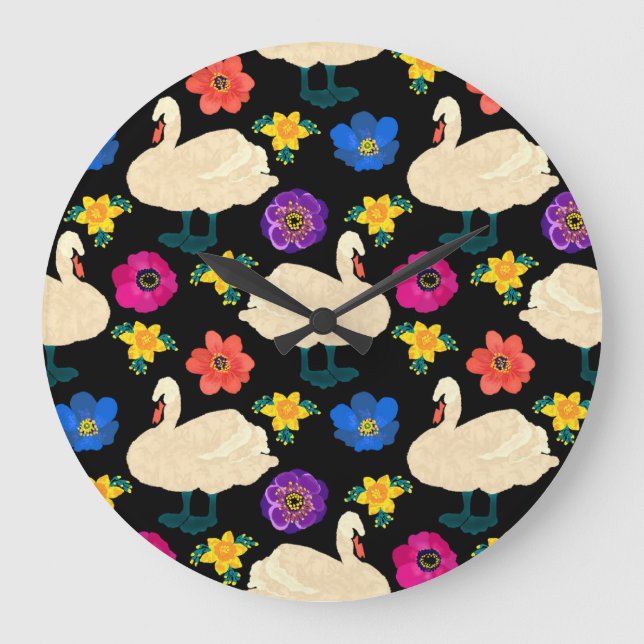Relógio Grande Cisnes, flores, fundo preto desenhado à mão. (Frente)