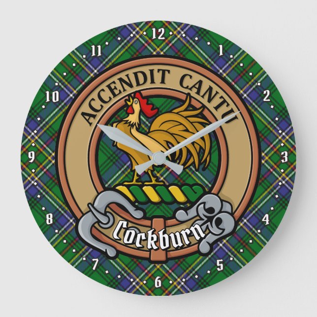 Relógio Grande Clan Cockburn Crest sobre Tartan (Frente)