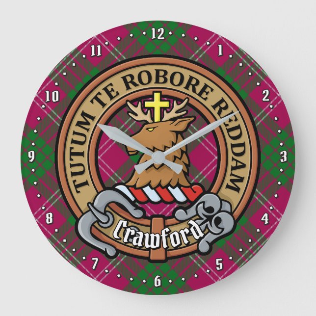 Relógio Grande Clan Crawford Crest sobre Tartan (Frente)