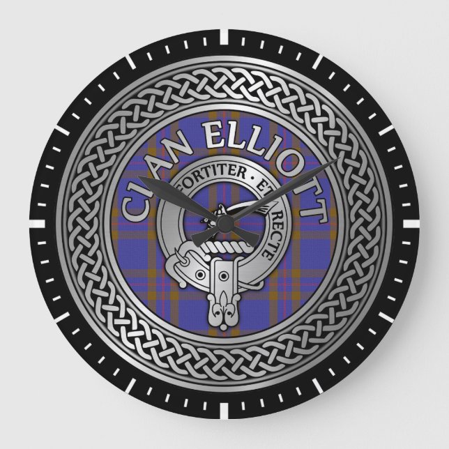 Relógio Grande Clan ELLioTT Crest & Tartan Knot Large Clock (Frente)